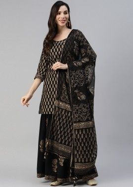 Black Printed Readymade Cotton Sharara Style Suit