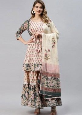 Readymade Cream Floral Printed Pakistani Sharara Suit