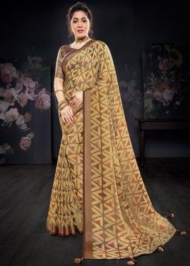 Yellow Foil Printed Casual Saree In Georgette