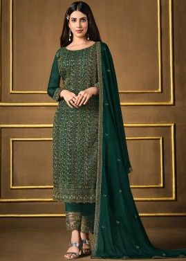 Green Embroidered Straight Cut Pant Suit In Georgette