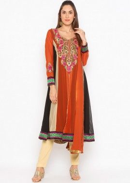 Readymade Orange Embroidered Slitted Suit