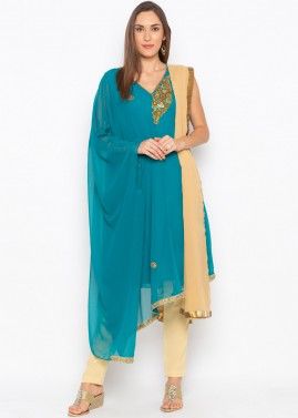 Readymade Turquoise Embroidered Asymmetric Pant Suit