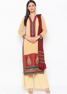 Readymade Beige Embroidered Palazzo Style Suit