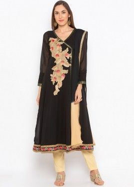Readymade Black Angrakha Style Embroidered Suit