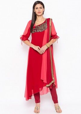 Maroon Readymade Embroidered Asymmetric Suit