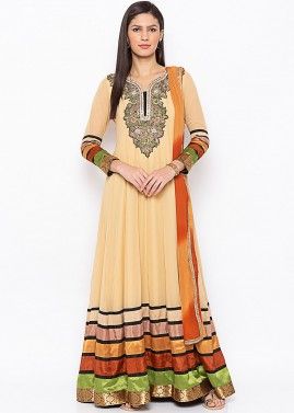 Readymade Beige Embroidered Anarkali Suit
