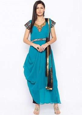 Blue Readymade Cowl Style Embroidered Pant Suit
