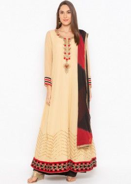 Beige Readymade Embroidered Anarkali Palazzo Suit