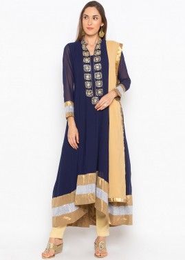 Readymade Navy Blue Embroidered Asymmetric Pant Suit
