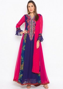 Blue Readymade Embroidered Anarkali Style Suit