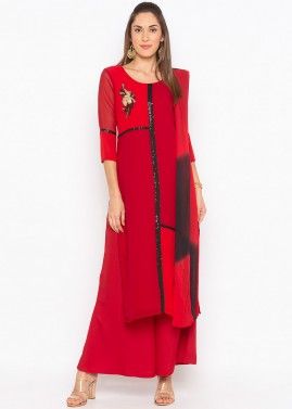 Red Readymade Sequins Embellished Palazzo Suit
