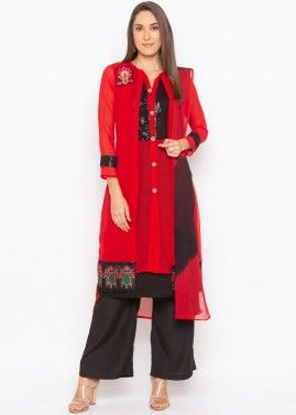 Readymade Red Embellished Twin Layered Suit Set