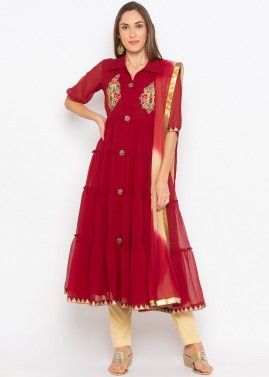 Readymade Maroon Embroidered Tiered Suit