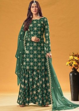 Green Sequins Embroidered Sharara Style Pakistani Suit