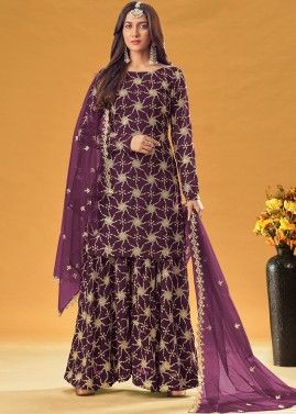 Purple Sequined Sharara Style Salwar Kameez
