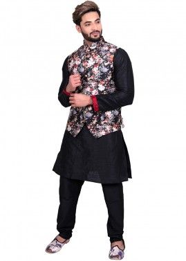 Black Kurta Churidar With Floral Print Nehru Jacket