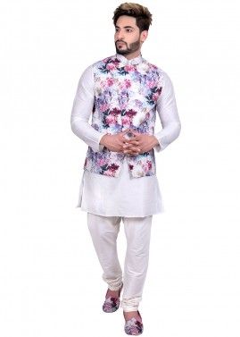 White Kurta Churidar With Digital Print Nehru Jacket
