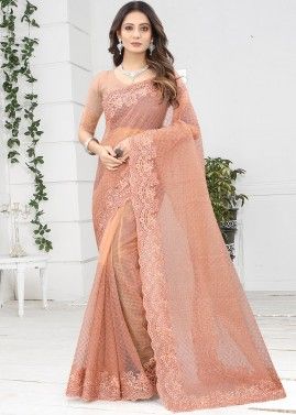 Embroidered Blouse With Peach Heavy Border Saree