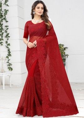 Red Net Saree With Heavy Embroidered Border