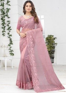 Purple Heavy Border Saree With Embroidered Blouse