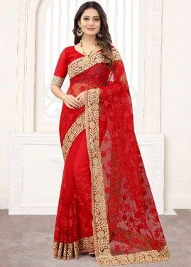 Red Embroidered Border Net Party Wear Saree