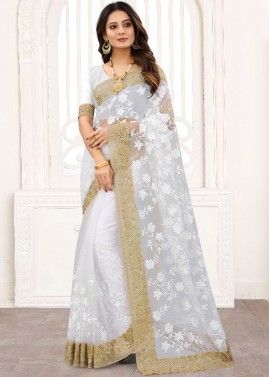 White Resham Embroidered Net Saree With Blouse