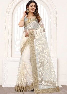 White Embroidered Border Net Saree With Blouse