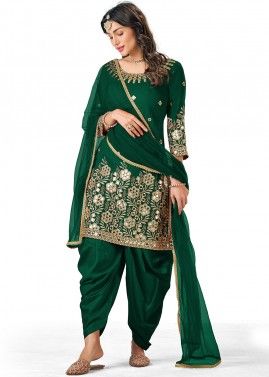 Green Mirror Embroidered Punjabi Suit In Art Silk
