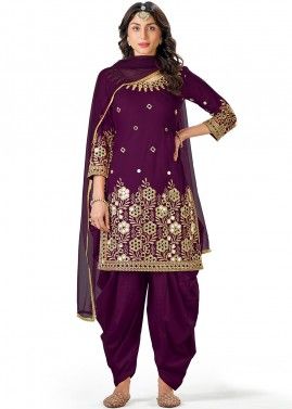 Purple Mirror Embroidered Punjabi Suit In Art Silk