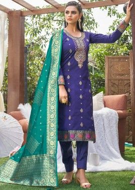 Blue Zari Woven Banarasi Salwar Suit With Dupatta