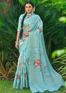 Blue Floral Art Silk Saree With Blouse