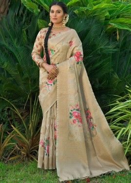 Beige Floral Printed Silk Saree With Blouse
