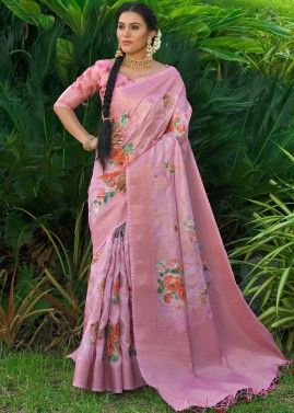 Pink Floral Printed Silk Saree With Blouse