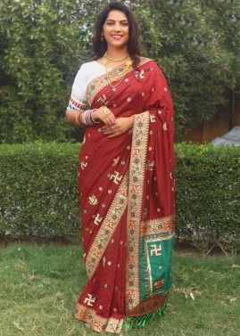 Maroon Heavy Pallu Embroidered Saree In Silk