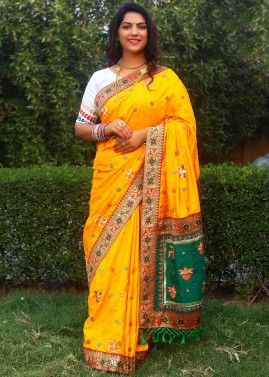 Stone Embellished Yellow Saree With Blouse