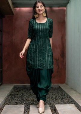 Zari Embroidered Readymade Patiala Suit In Green