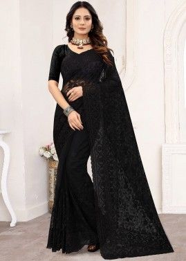 Black Resham Embroidered Saree With Blouse
