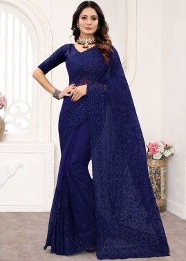 Stone Embellished Blue Saree In Net 