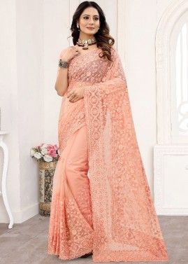 Peach Net Saree With Heavy Embroidered  Border