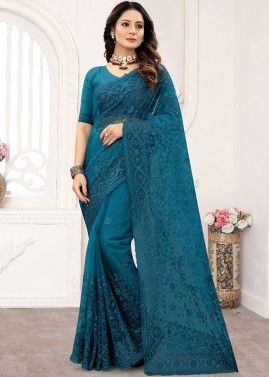 Blue Stone Embellished Net Saree With Blouse