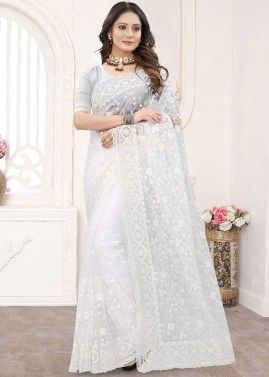Embroidered White Net Saree For Festive Wear
