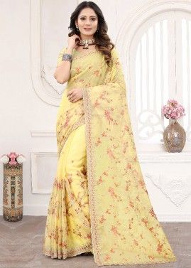 Yellow Organza Saree With Floral Embroidery