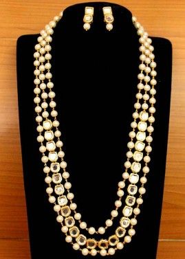 White Multi Layered Kundan Long Necklace Set