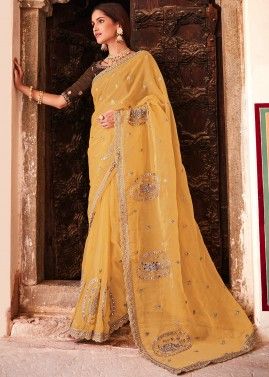 Yellow Organza Embroidered Saree With Blouse