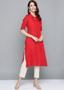 Readymade Red Straight Cut Kurta With Pant