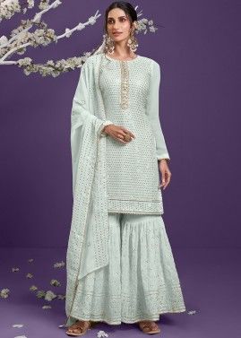 Turquoise Sequined Gharara Style Pakistani Salwar Suit