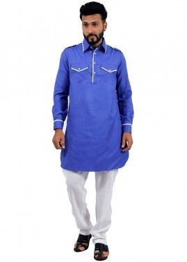 Blue Cotton Readymade Pathani Suit For Men