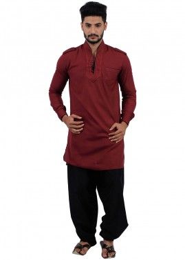 Maroon Cotton Readymade Pathani Suit For Men