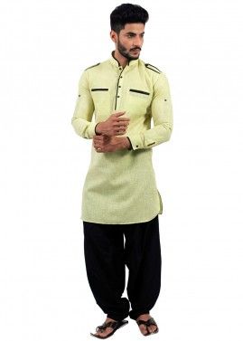 Readymade Light Yellow Cotton Pathani Suit