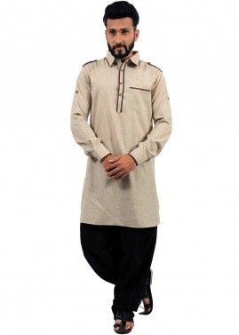 Readymade Beige Cotton Pathani Suit